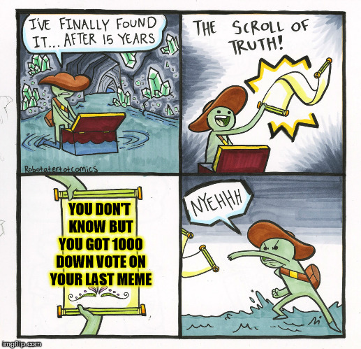 truth of down vote. | YOU DON'T KNOW BUT YOU GOT 1000 DOWN VOTE ON YOUR LAST MEME | image tagged in memes,the scroll of truth,down vote | made w/ Imgflip meme maker