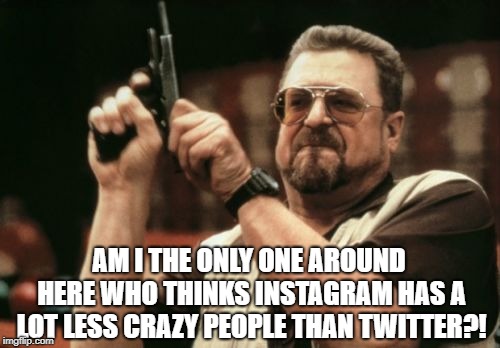 Am I The Only One Around Here | AM I THE ONLY ONE AROUND HERE WHO THINKS INSTAGRAM HAS A LOT LESS CRAZY PEOPLE THAN TWITTER?! | image tagged in memes,am i the only one around here | made w/ Imgflip meme maker