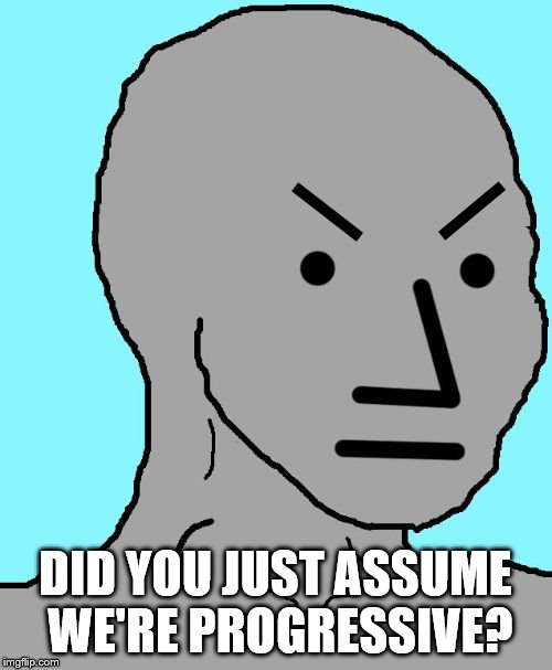 NPC meme angry | DID YOU JUST ASSUME WE'RE PROGRESSIVE? | image tagged in npc meme angry | made w/ Imgflip meme maker