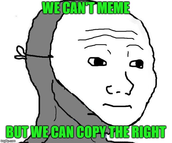 npc wojak mask | WE CAN'T MEME BUT WE CAN COPY THE RIGHT | image tagged in npc wojak mask | made w/ Imgflip meme maker