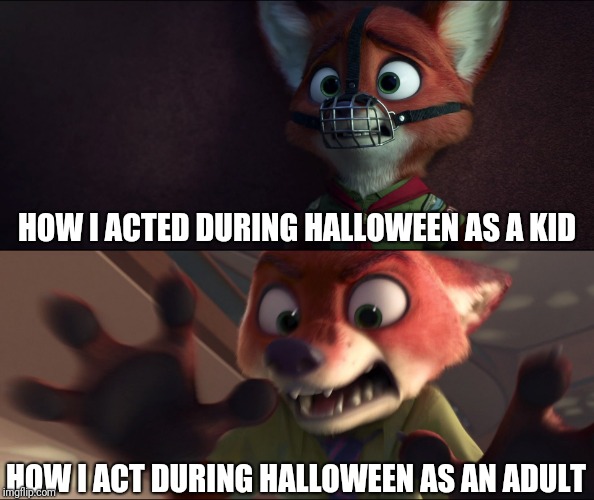 Zootopia Halloween - Then and Now | HOW I ACTED DURING HALLOWEEN AS A KID; HOW I ACT DURING HALLOWEEN AS AN ADULT | image tagged in zootopia,nick wilde,halloween,funny,memes | made w/ Imgflip meme maker