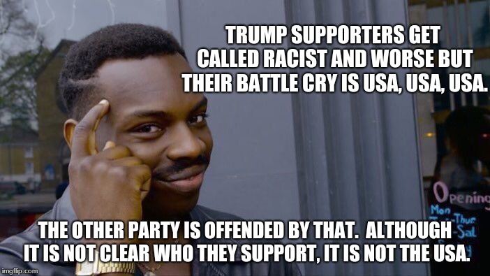 USA!, Trump supporters battle cry | TRUMP SUPPORTERS GET CALLED RACIST AND WORSE BUT THEIR BATTLE CRY IS USA, USA, USA. THE OTHER PARTY IS OFFENDED BY THAT.  ALTHOUGH IT IS NOT CLEAR WHO THEY SUPPORT, IT IS NOT THE USA. | image tagged in think about it,trump supporters,usa,maga,stop the hate,walk away | made w/ Imgflip meme maker