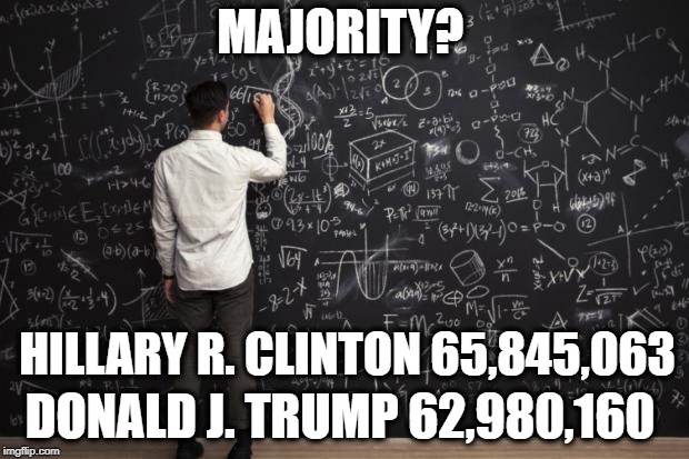 Math | MAJORITY? DONALD J. TRUMP 62,980,160 HILLARY R. CLINTON 65,845,063 | image tagged in math | made w/ Imgflip meme maker