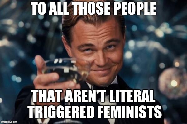 Leonardo Dicaprio Cheers | TO ALL THOSE PEOPLE; THAT AREN'T LITERAL TRIGGERED FEMINISTS | image tagged in memes,leonardo dicaprio cheers | made w/ Imgflip meme maker