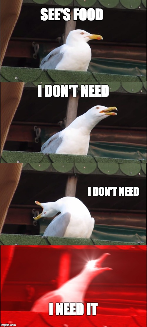 Inhaling Seagull Meme | SEE'S FOOD; I DON'T NEED; I DON'T NEED; I NEED IT | image tagged in memes,inhaling seagull | made w/ Imgflip meme maker