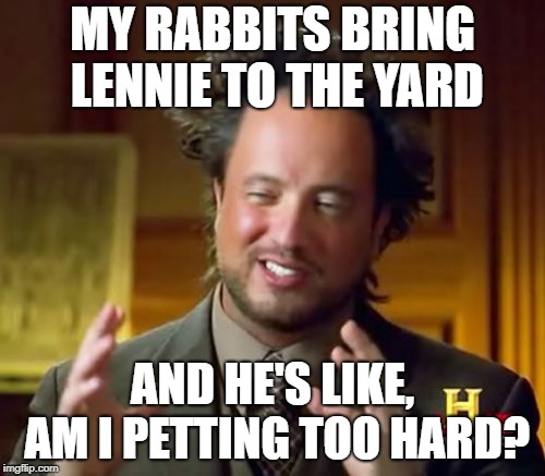 Ancient Aliens Meme | MY RABBITS BRING LENNIE TO THE YARD; AND HE'S LIKE, AM I PETTING TOO HARD? | image tagged in memes,ancient aliens | made w/ Imgflip meme maker