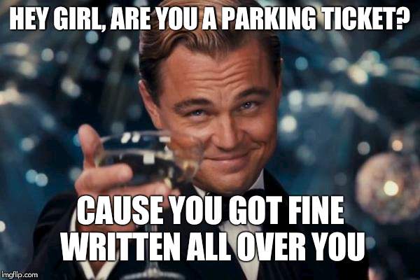 Leonardo Dicaprio Cheers | HEY GIRL, ARE YOU A PARKING TICKET? CAUSE YOU GOT FINE WRITTEN ALL OVER YOU | image tagged in memes,leonardo dicaprio cheers | made w/ Imgflip meme maker