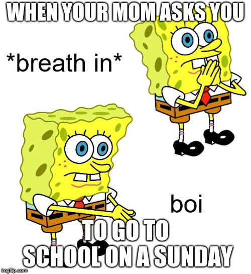 SCHOOL ON A SUNDAY BOI | WHEN YOUR MOM ASKS YOU; TO GO TO SCHOOL ON A SUNDAY | image tagged in breath in boi | made w/ Imgflip meme maker