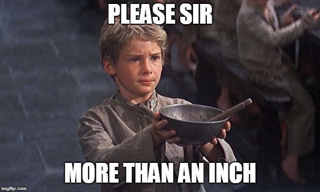 Oliver twist  | PLEASE SIR; MORE THAN AN INCH | image tagged in oliver twist | made w/ Imgflip meme maker