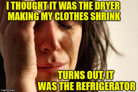 First World Big Butt Problems | I THOUGHT IT WAS THE DRYER    MAKING MY CLOTHES SHRINK; TURNS OUT, IT WAS THE REFRIGERATOR | image tagged in memes,first world problems,refrigerator,clothes,food,laundry | made w/ Imgflip meme maker