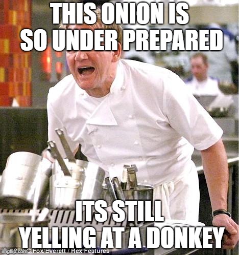 Chef Gordon Ramsay | THIS ONION IS SO UNDER PREPARED; ITS STILL YELLING AT A DONKEY | image tagged in memes,chef gordon ramsay | made w/ Imgflip meme maker