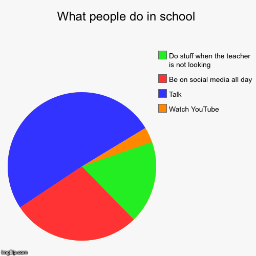 What people do in school | Watch YouTube , Talk, Be on social media all day, Do stuff when the teacher is not looking | image tagged in funny,pie charts | made w/ Imgflip chart maker