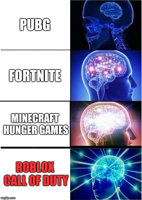 Expanding Brain | PUBG; FORTNITE; MINECRAFT HUNGER GAMES; ROBLOX CALL OF DUTY | image tagged in memes,expanding brain | made w/ Imgflip meme maker