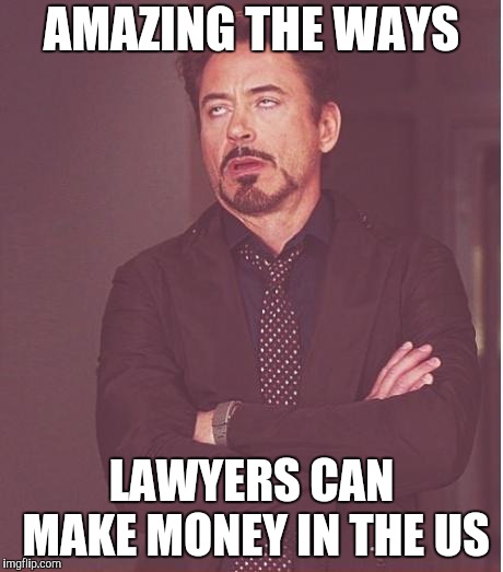 Face You Make Robert Downey Jr Meme | AMAZING THE WAYS LAWYERS CAN MAKE MONEY IN THE US | image tagged in memes,face you make robert downey jr | made w/ Imgflip meme maker