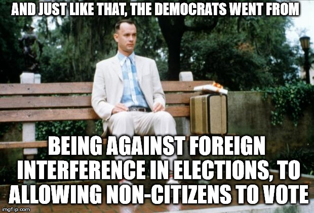 Forrest Gump | AND JUST LIKE THAT, THE DEMOCRATS WENT FROM; BEING AGAINST FOREIGN INTERFERENCE IN ELECTIONS, TO ALLOWING NON-CITIZENS TO VOTE | image tagged in forrest gump | made w/ Imgflip meme maker