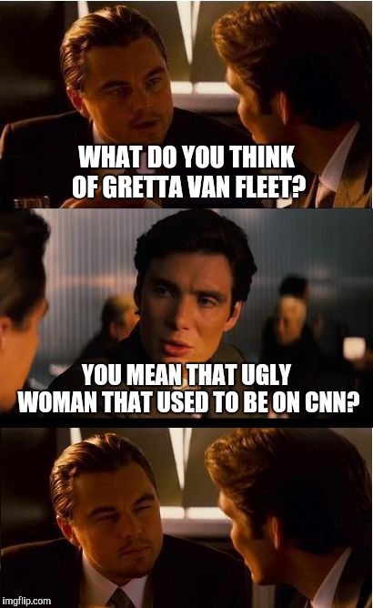 Old Dog, New Tricks | WHAT DO YOU THINK OF GRETTA VAN FLEET? YOU MEAN THAT UGLY WOMAN THAT USED TO BE ON CNN? | image tagged in memes,inception,gretta van fleet,yayaya | made w/ Imgflip meme maker