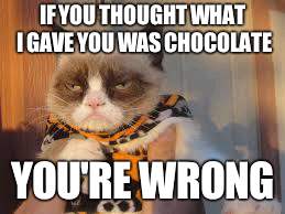 Grumpy Cat Halloween Meme | IF YOU THOUGHT WHAT I GAVE YOU WAS CHOCOLATE; YOU'RE WRONG | image tagged in memes,grumpy cat halloween,grumpy cat | made w/ Imgflip meme maker