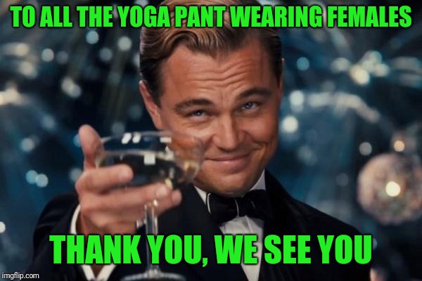 Leonardo Dicaprio Cheers | TO ALL THE YOGA PANT WEARING FEMALES; THANK YOU, WE SEE YOU | image tagged in memes,leonardo dicaprio cheers | made w/ Imgflip meme maker