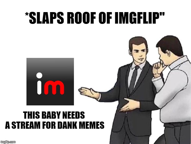 Upvote if you agree! | *SLAPS ROOF OF IMGFLIP"; THIS BABY NEEDS A STREAM FOR DANK MEMES | image tagged in memes,car salesman slaps hood,funny,dank memes,imgflip,submissions | made w/ Imgflip meme maker