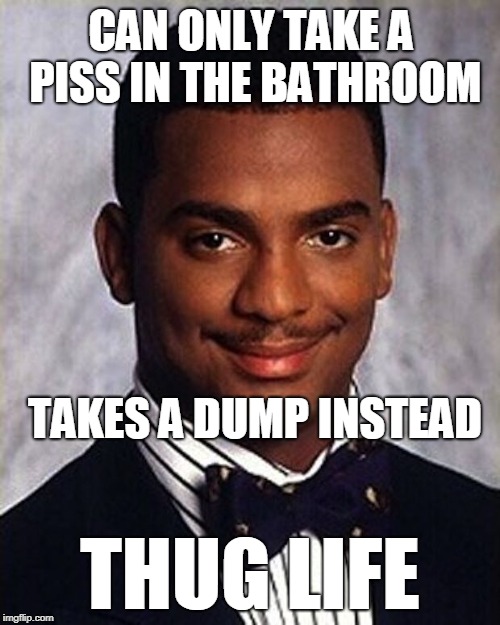 Carlton Banks Thug Life | CAN ONLY TAKE A PISS IN THE BATHROOM; TAKES A DUMP INSTEAD; THUG LIFE | image tagged in carlton banks thug life | made w/ Imgflip meme maker