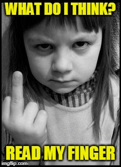 Making a Point | WHAT DO I THINK? READ MY FINGER | image tagged in little girl,flipping off | made w/ Imgflip meme maker