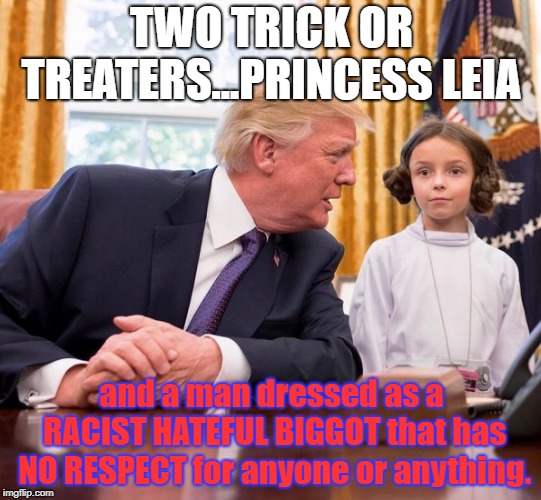 princess leia trump halloween 2017 | TWO TRICK OR TREATERS...PRINCESS LEIA; and a man dressed as a RACIST HATEFUL BIGGOT that has NO RESPECT for anyone or anything. | image tagged in princess leia trump halloween 2017 | made w/ Imgflip meme maker