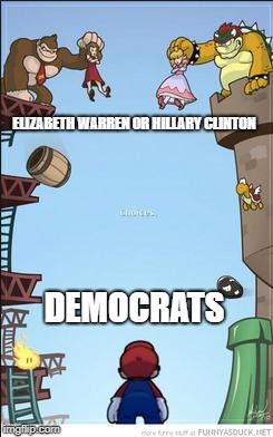 Elizabeth Warren or Hillary Clinton | ELIZABETH WARREN OR HILLARY CLINTON; DEMOCRATS | image tagged in elizabeth warren,hillary clinton,democrats,mario dk and bowser | made w/ Imgflip meme maker
