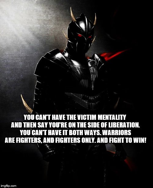 Victim Mentality, Liberation, Warriors, Fighters | YOU CAN'T HAVE THE VICTIM MENTALITY AND THEN SAY YOU'RE ON THE SIDE OF LIBERATION. YOU CAN'T HAVE IT BOTH WAYS. WARRIORS ARE FIGHTERS, AND FIGHTERS ONLY. AND FIGHT TO WIN! | image tagged in fight,win,warrior,victims,liberation | made w/ Imgflip meme maker