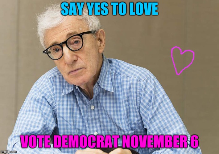 Yes to Love | SAY YES TO LOVE; VOTE DEMOCRAT NOVEMBER 6 | image tagged in woody allen,democrat,vote,blue wave | made w/ Imgflip meme maker