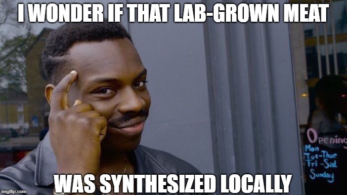 That Beef Tastes Just Like Chicken | I WONDER IF THAT LAB-GROWN MEAT; WAS SYNTHESIZED LOCALLY | image tagged in memes,roll safe think about it | made w/ Imgflip meme maker