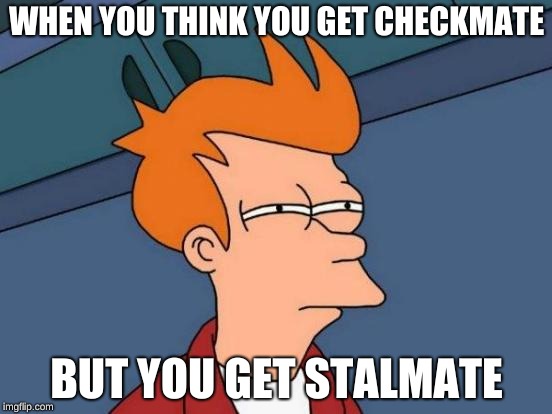 Futurama Fry | WHEN YOU THINK YOU GET CHECKMATE; BUT YOU GET STALMATE | image tagged in memes,futurama fry | made w/ Imgflip meme maker