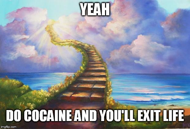 Stairway | YEAH DO COCAINE AND YOU'LL EXIT LIFE | image tagged in stairway | made w/ Imgflip meme maker