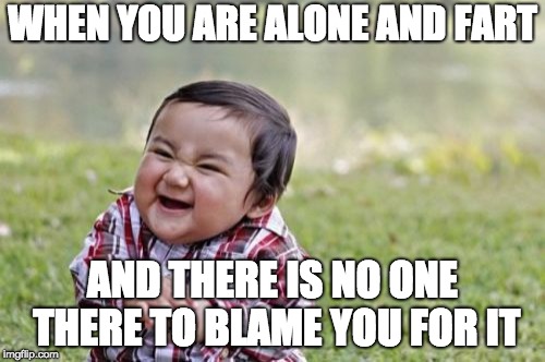 Evil Toddler Meme | WHEN YOU ARE ALONE AND FART; AND THERE IS NO ONE THERE TO BLAME YOU FOR IT | image tagged in memes,evil toddler | made w/ Imgflip meme maker