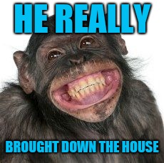 HE REALLY BROUGHT DOWN THE HOUSE | image tagged in grinning chimp | made w/ Imgflip meme maker