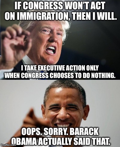True story. Trump and Obama are seeming more and more alike. | IF CONGRESS WON’T ACT ON IMMIGRATION, THEN I WILL. I TAKE EXECUTIVE ACTION ONLY WHEN CONGRESS CHOOSES TO DO NOTHING. OOPS. SORRY. BARACK OBAMA ACTUALLY SAID THAT. | image tagged in donald trump,barack obama,immigration | made w/ Imgflip meme maker
