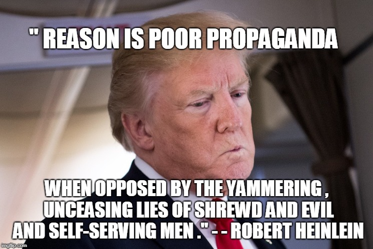 " REASON IS POOR PROPAGANDA; WHEN OPPOSED BY THE YAMMERING , UNCEASING LIES OF SHREWD AND EVIL AND SELF-SERVING MEN ."
- - ROBERT HEINLEIN | image tagged in trump | made w/ Imgflip meme maker
