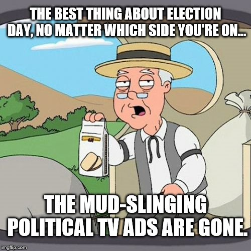Pepperidge Farm Remembers Meme | THE BEST THING ABOUT ELECTION DAY, NO MATTER WHICH SIDE YOU'RE ON... THE MUD-SLINGING POLITICAL TV ADS ARE GONE. | image tagged in memes,pepperidge farm remembers | made w/ Imgflip meme maker