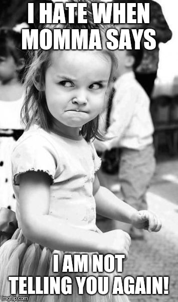 Angry Toddler Meme | I HATE WHEN MOMMA SAYS I AM NOT TELLING YOU AGAIN! | image tagged in memes,angry toddler | made w/ Imgflip meme maker