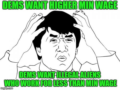 Jackie Chan WTF Meme | DEMS WANT HIGHER MIN WAGE DEMS WANT ILLEGAL ALIENS WHO WORK FOR LESS THAN MIN WAGE | image tagged in memes,jackie chan wtf | made w/ Imgflip meme maker