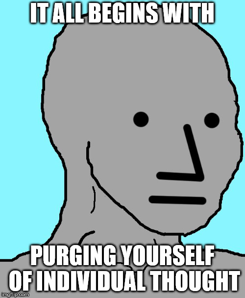 NPC Meme | IT ALL BEGINS WITH PURGING YOURSELF OF INDIVIDUAL THOUGHT | image tagged in npc | made w/ Imgflip meme maker