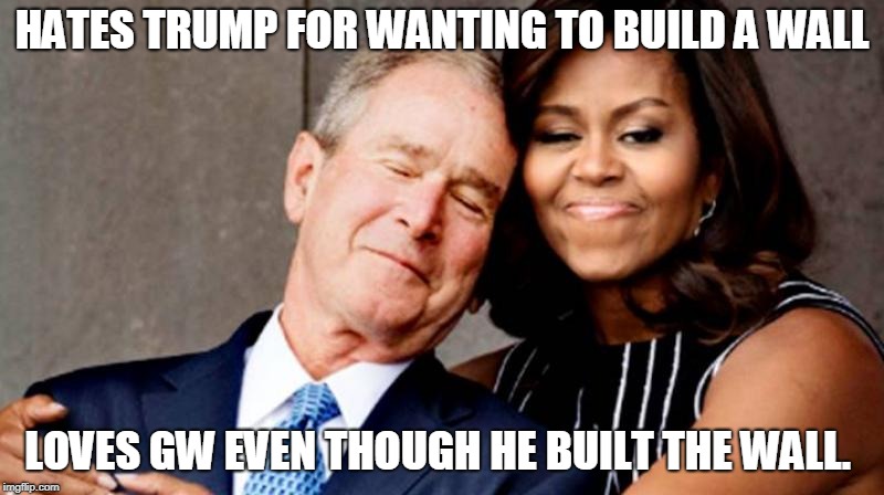 HATES TRUMP FOR WANTING TO BUILD A WALL; LOVES GW EVEN THOUGH HE BUILT THE WALL. | image tagged in loves the bush | made w/ Imgflip meme maker