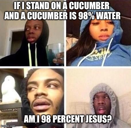 *Hits blunt | IF I STAND ON A CUCUMBER AND A CUCUMBER IS 98% WATER; AM I 98 PERCENT JESUS? | image tagged in hits blunt | made w/ Imgflip meme maker