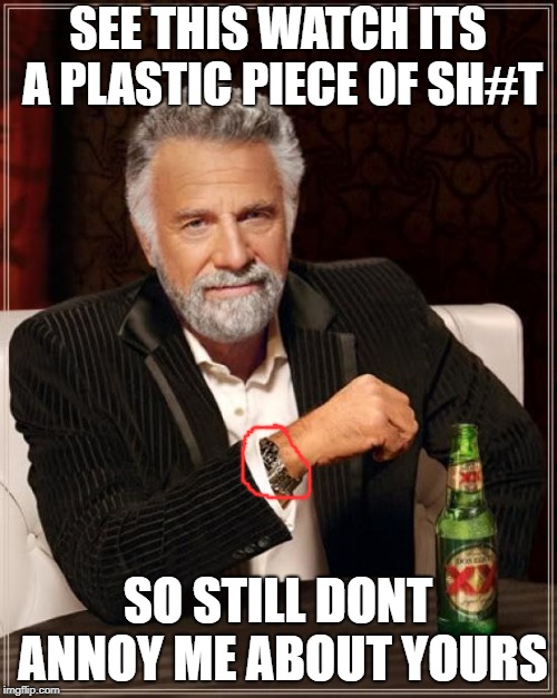 The Most Interesting Man In The World Meme | SEE THIS WATCH ITS A PLASTIC PIECE OF SH#T; SO STILL DONT ANNOY ME ABOUT YOURS | image tagged in memes,the most interesting man in the world | made w/ Imgflip meme maker