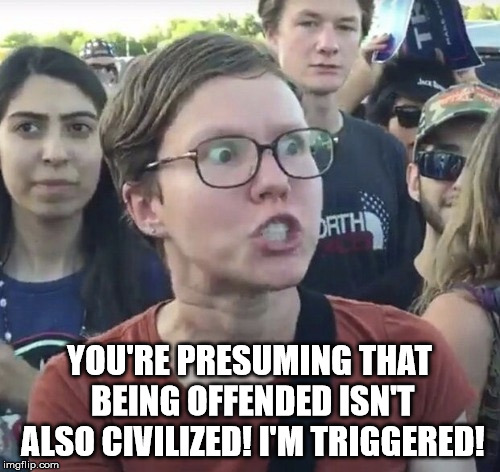 Triggered feminist | YOU'RE PRESUMING THAT BEING OFFENDED ISN'T ALSO CIVILIZED! I'M TRIGGERED! | image tagged in triggered feminist | made w/ Imgflip meme maker