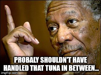 This Morgan Freeman | PROBALY SHOULDN'T HAVE HANDLED THAT TUNA IN BETWEEN... | image tagged in this morgan freeman | made w/ Imgflip meme maker