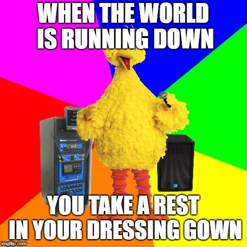 Wrong lyrics karaoke big bird | WHEN THE WORLD IS RUNNING DOWN YOU TAKE A REST IN YOUR DRESSING GOWN | image tagged in wrong lyrics karaoke big bird | made w/ Imgflip meme maker