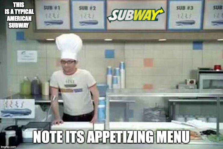 American Subway | THIS IS A TYPICAL AMERICAN SUBWAY; NOTE ITS APPETIZING MENU | image tagged in subway,memes | made w/ Imgflip meme maker