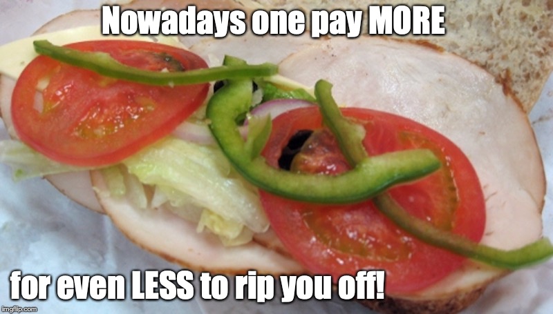 Subway Skimpy Sandwich | Nowadays one pay MORE; for even LESS to rip you off! | image tagged in subway,memes,ripoff | made w/ Imgflip meme maker