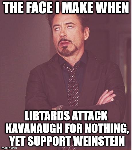 Face You Make Robert Downey Jr Meme | THE FACE I MAKE WHEN LIBTARDS ATTACK KAVANAUGH FOR NOTHING, YET SUPPORT WEINSTEIN | image tagged in memes,face you make robert downey jr | made w/ Imgflip meme maker