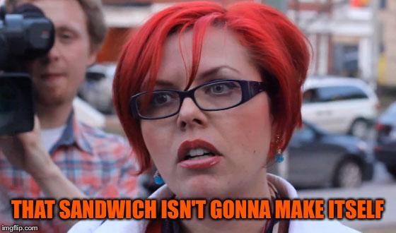 Angry Feminist | THAT SANDWICH ISN'T GONNA MAKE ITSELF | image tagged in angry feminist | made w/ Imgflip meme maker